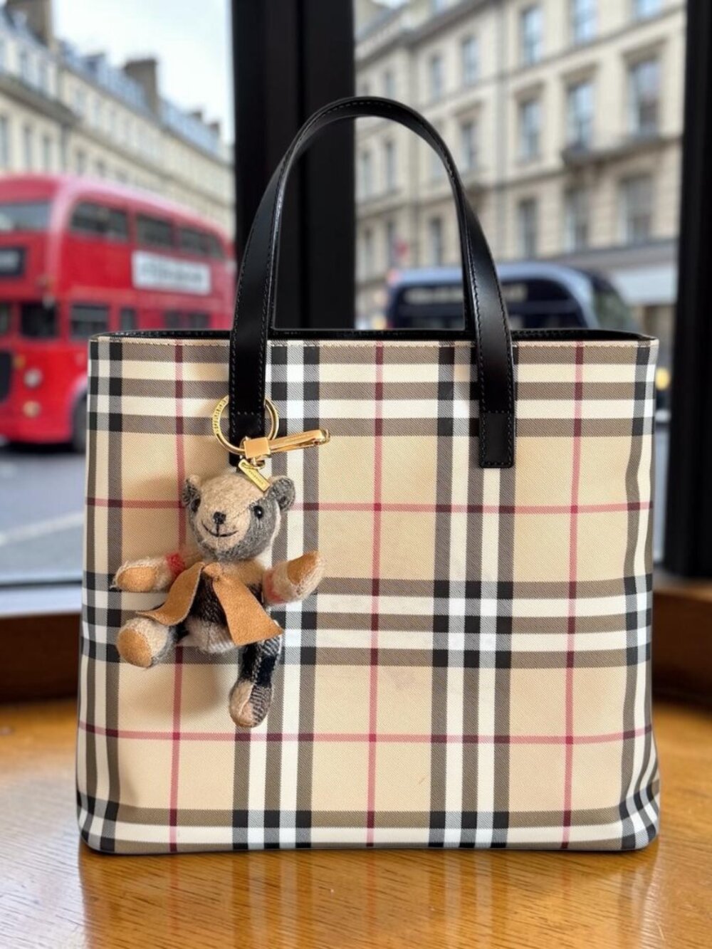 Burberry Nova Check Coated Canvas Tote Bag & Thomas Bear Bag Charm Keychain